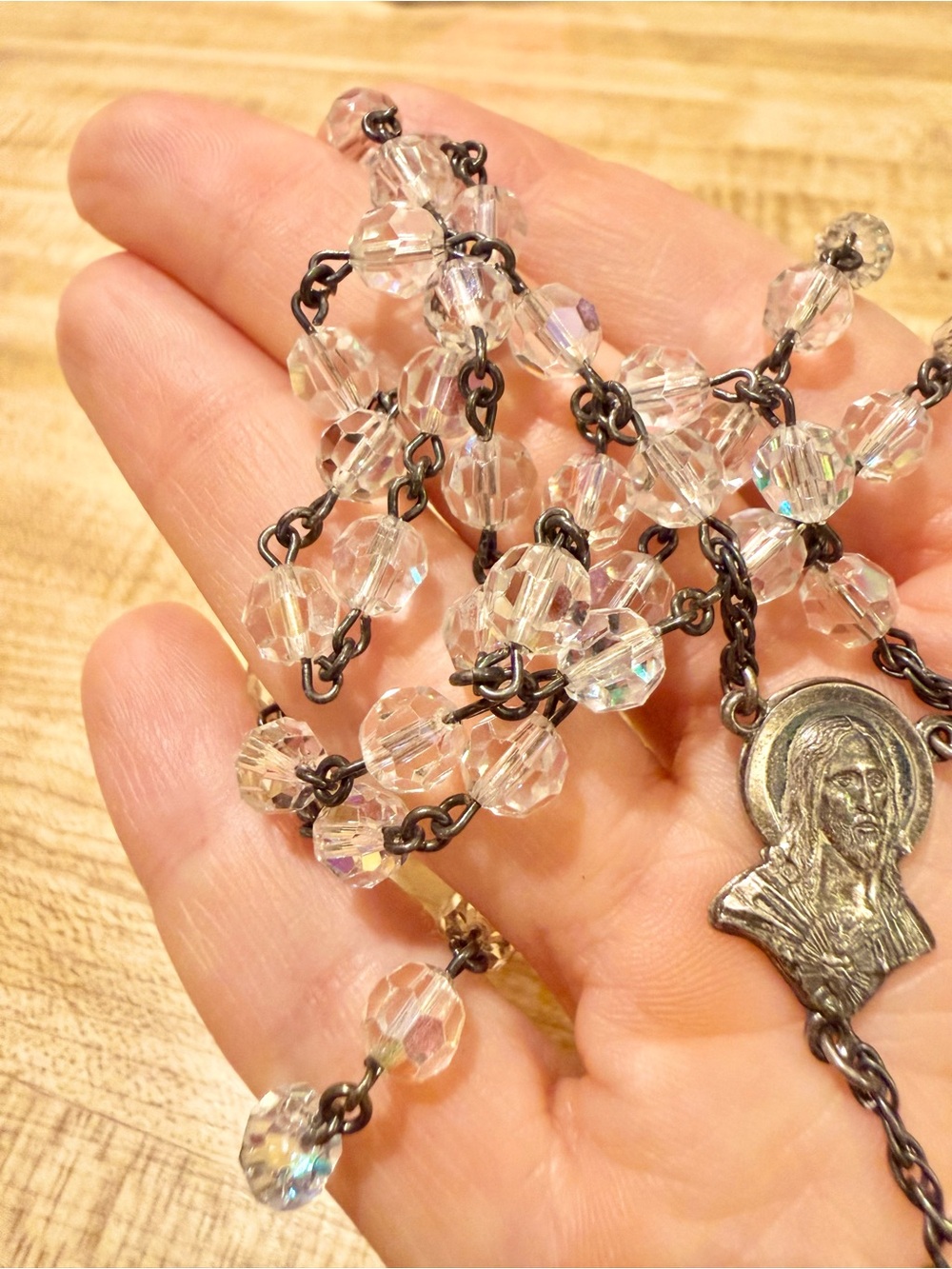 Sterling Silver HMH Religious Crucifix Glass Beads Rosary - Picture 3 of 7